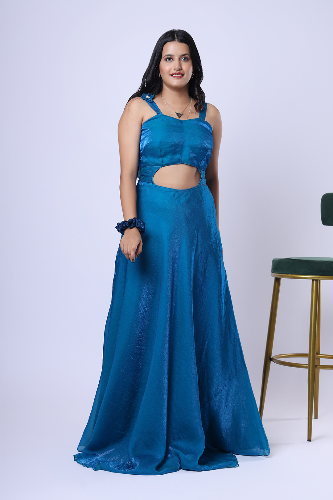 Vglame Blue Glow Satin Flared One Piece Dress